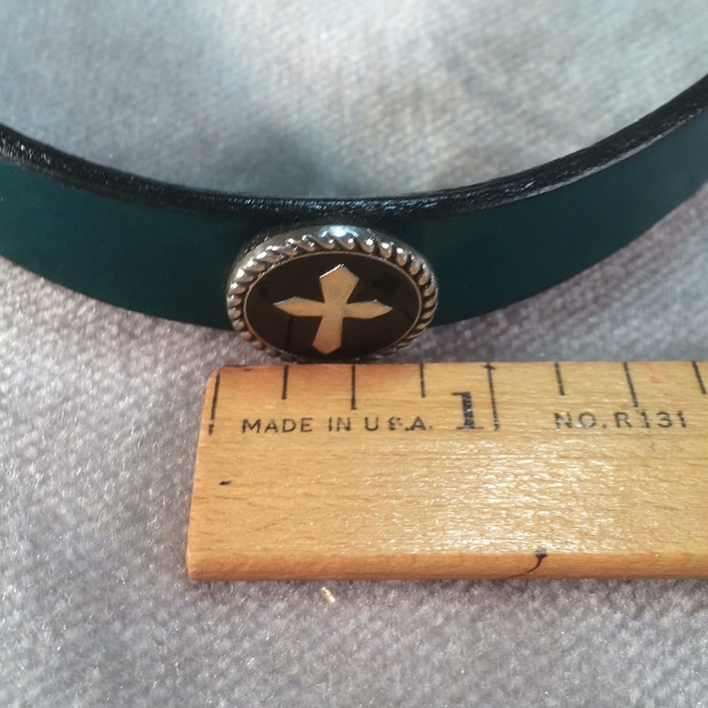 Teal Leather Choker with Cross Medallion - Picture 3 of 5